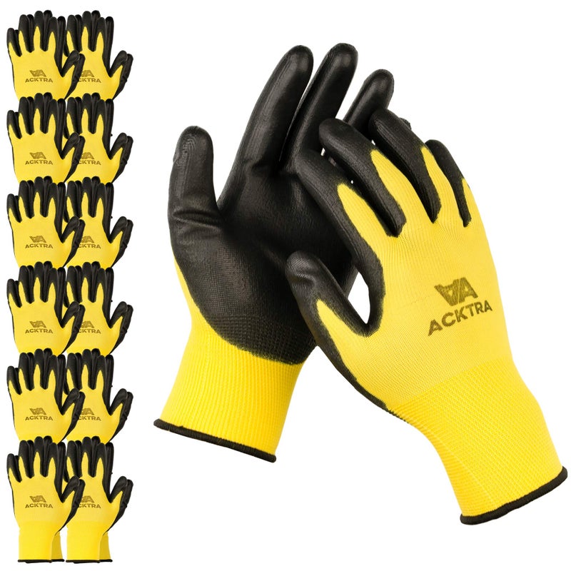 ACKTRA Ultra-Thin PU Safety WORK GLOVES 12 Pairs, WG002 Yellow/Black, Large - Image 1